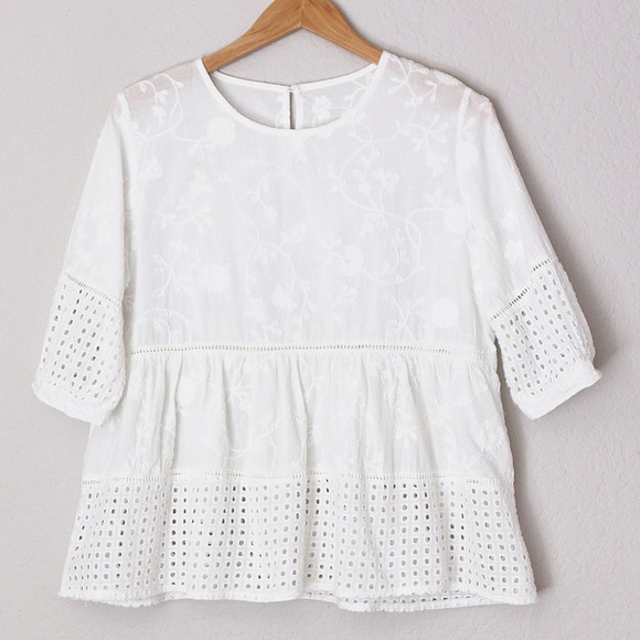 White Floral Embroidered Cotton Eyelet Cotton Blouse Babydoll Top Boho Peasant - Picture 1 of 15